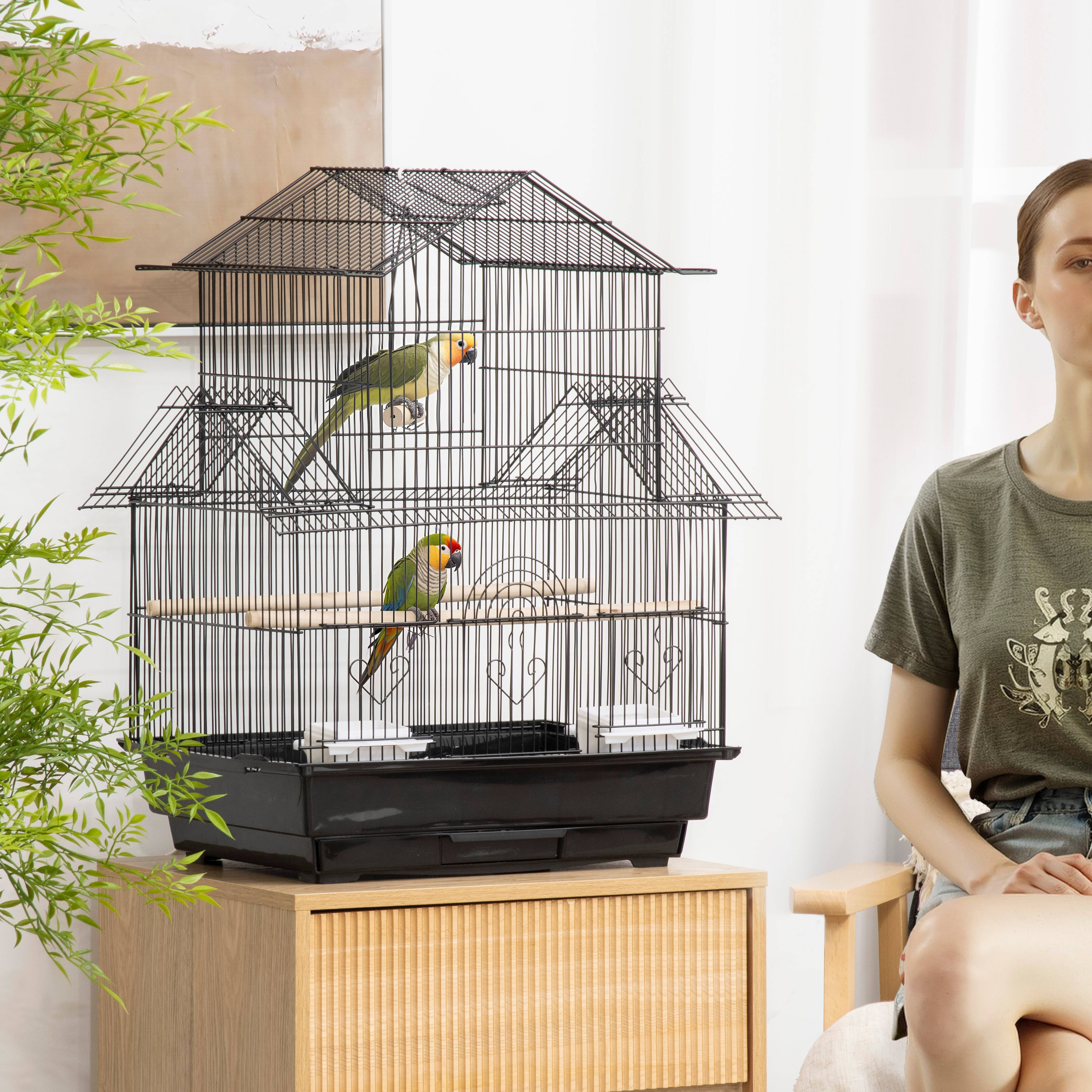 Grande cage oiseaux design maison Acier canaris pinsons suspendre Noir 63cm - ComfortXL Outdoor Living - Image 3