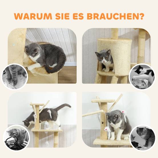 Grattier pour chat avec cachette, 4 jouets, colonnes en sisal, grande plateforme, échelle,60 x 35 x 134 cm, Beige - PANGIVO - Image 8