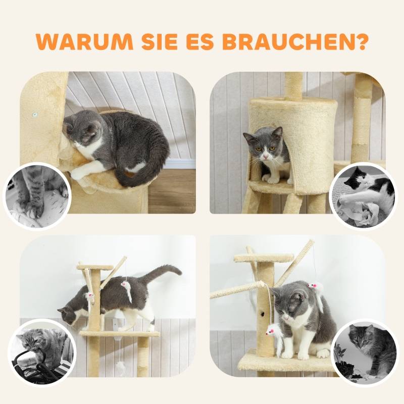 Grattier pour chat avec cachette, 4 jouets, colonnes en sisal, grande plateforme, échelle,60 x 35 x 134 cm, Beige - PANGIVO - Image 8