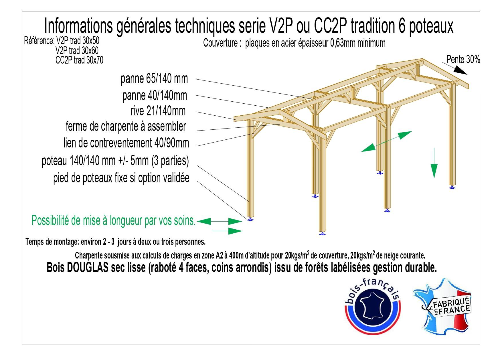 Carport bois Douglas 18 m² – Garantie 10 ans – 2 pentes – 6 poteaux – Abri voiture extérieur – Fabrication française - Image 2