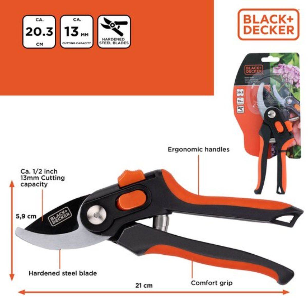 Sécateur de jardin Lame en Acier Trempé 20.3cm - Ciseaux de Jardin Coupe 13mm Plantes, Haies et Fleurs Black&Decker - Imagen 10