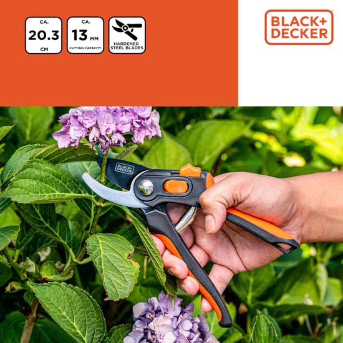 Sécateur de jardin Lame en Acier Trempé 20.3cm - Ciseaux de Jardin Coupe 13mm Plantes, Haies et Fleurs Black&Decker - Imagen 8