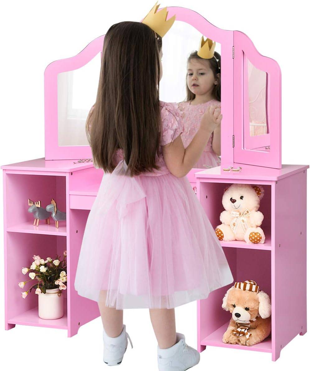 COSTWAY Coiffeuse Enfant 2 En 1 Avec Miroir Lapin - Table De Maquillage Bois Rose Avec Tabouret Et Rangement