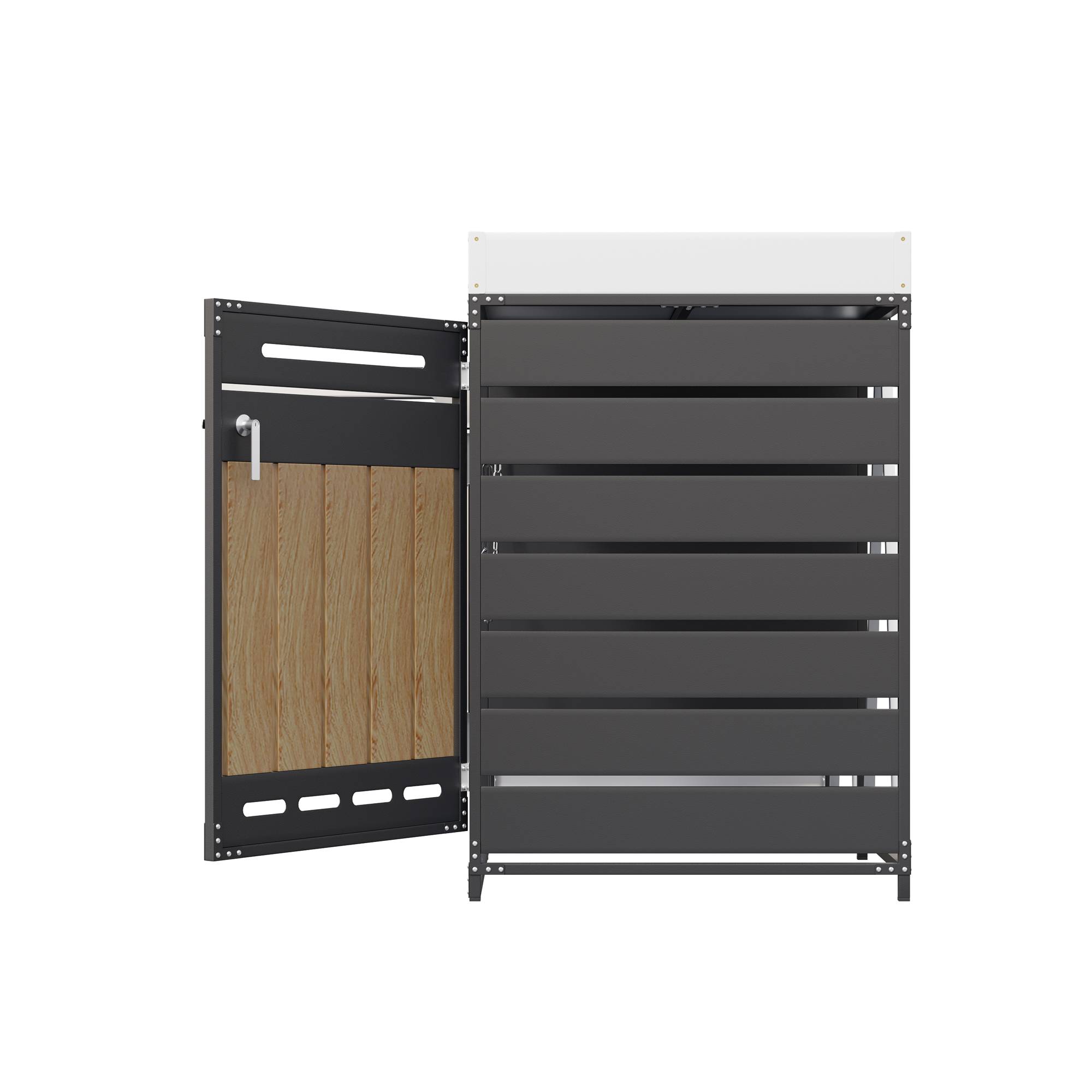 Cache-poubelle 4 portes Acier Jardin Extérieur Avec jardinière 262x120cm Noir Aspect bois - ComfortXL Outdoor Living - Image 5
