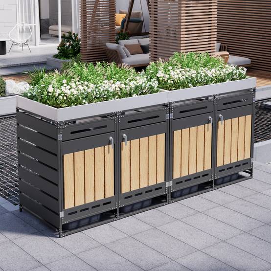 Cache-poubelle 4 portes Acier Jardin Extérieur Avec jardinière 262x120cm Noir Aspect bois - ComfortXL Outdoor Living - Image 1