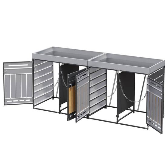 Cache-poubelle 4 portes Acier Jardin Extérieur Avec jardinière 262x120cm Noir Aspect bois - ComfortXL Outdoor Living - Image 4