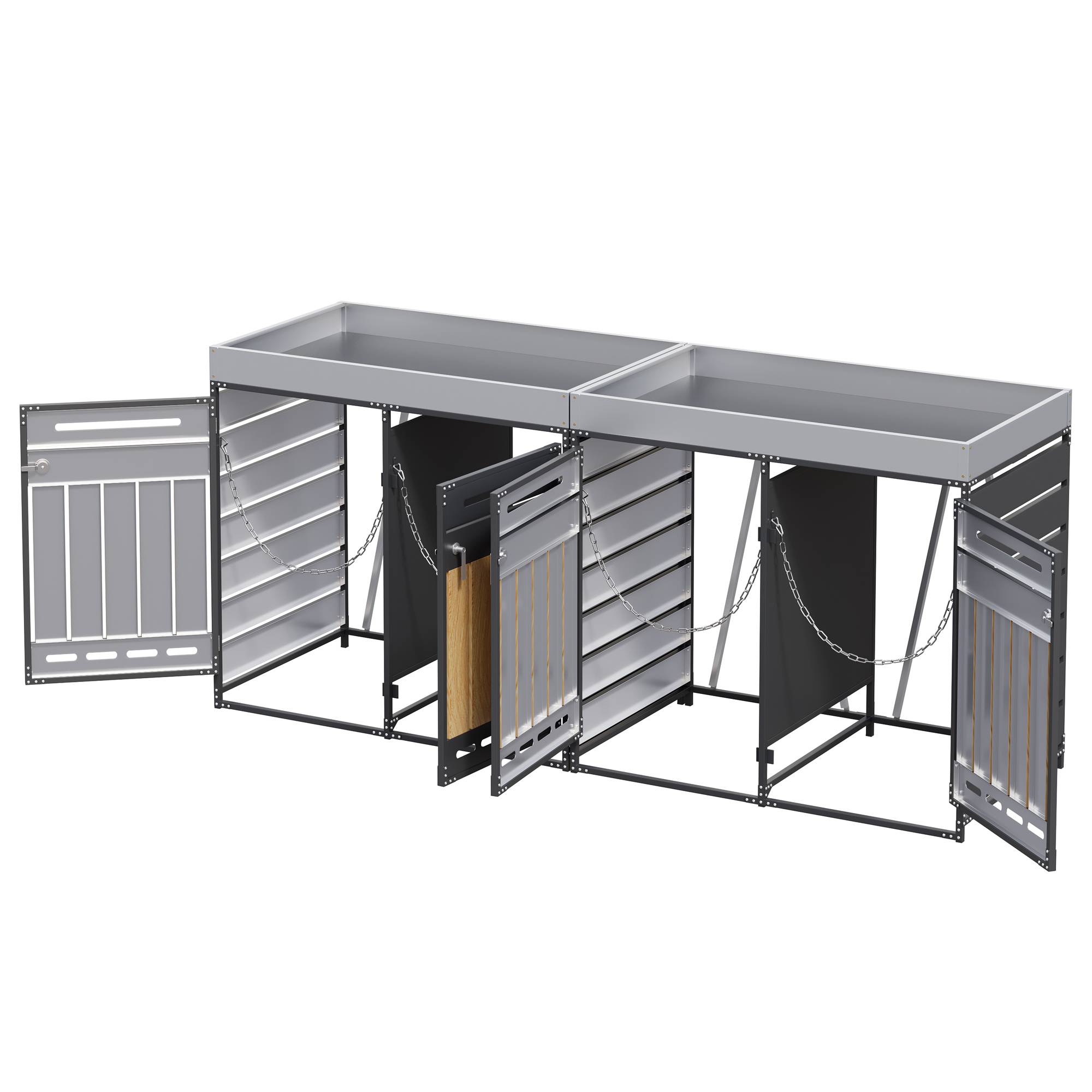 Cache-poubelle 4 portes Acier Jardin Extérieur Avec jardinière 262x120cm Noir Aspect bois - ComfortXL Outdoor Living - Image 4