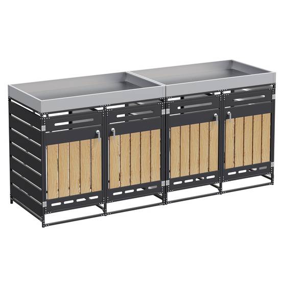 Cache-poubelle 4 portes Acier Jardin Extérieur Avec jardinière 262x120cm Noir Aspect bois - ComfortXL Outdoor Living - Image 2