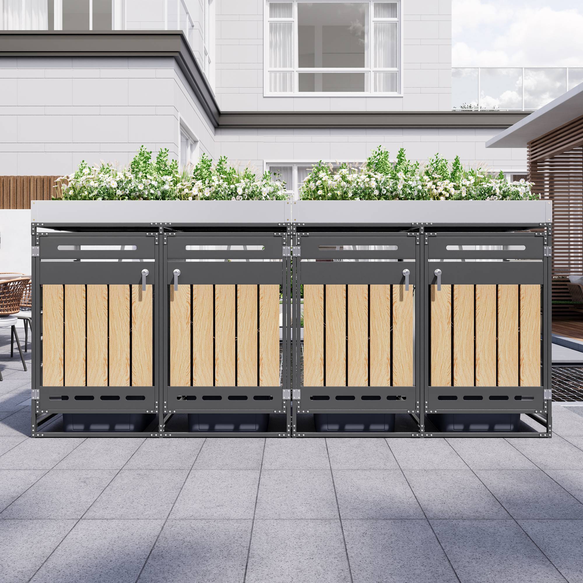 Cache-poubelle 4 portes Acier Jardin Extérieur Avec jardinière 262x120cm Noir Aspect bois - ComfortXL Outdoor Living - Image 10