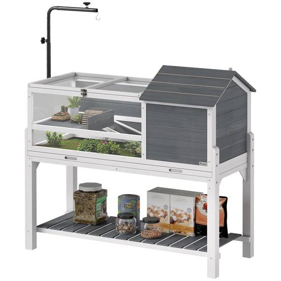 Maison pour tortues en bois avec support de lampe réglable, toits rabattables, bac amovible et étagère - Image 2