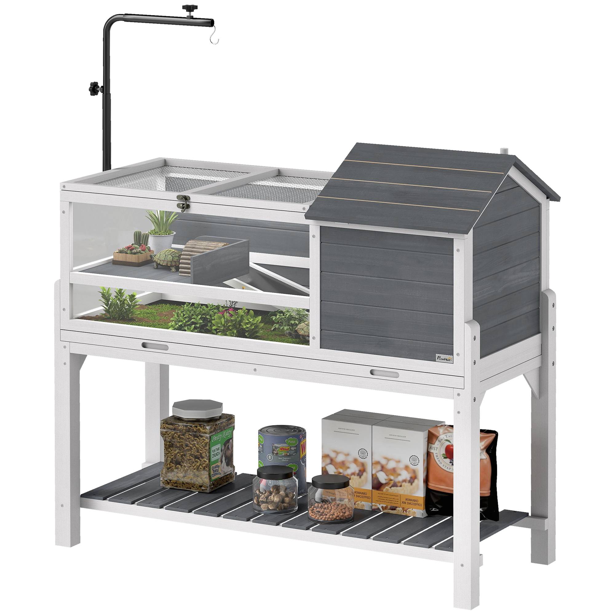 Maison pour tortues en bois avec support de lampe réglable, toits rabattables, bac amovible et étagère - Image 2