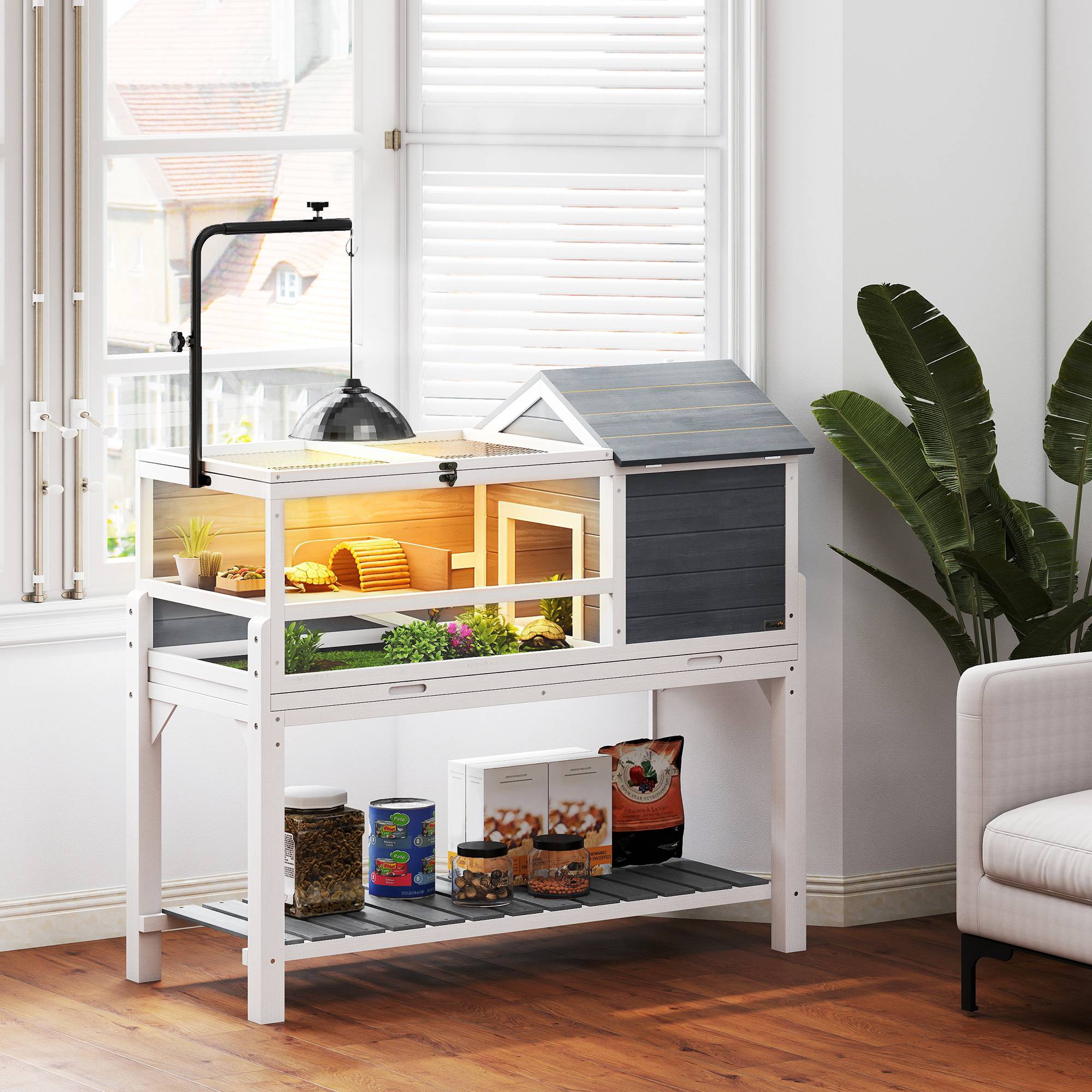 Maison pour tortues en bois avec support de lampe réglable, toits rabattables, bac amovible et étagère - Image 3