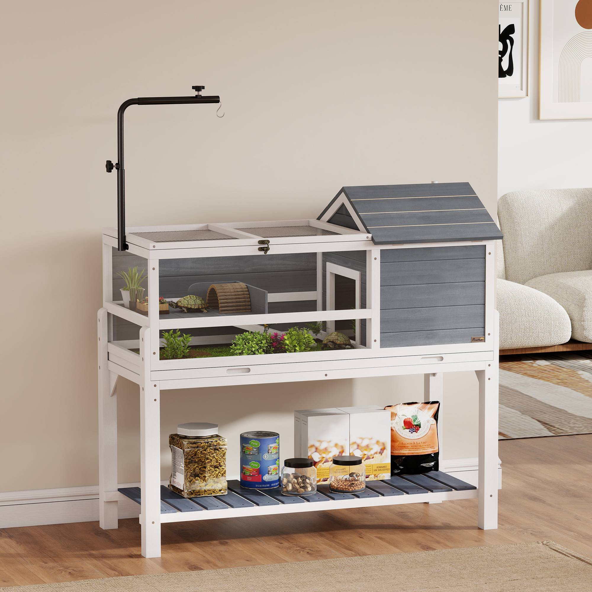 Maison pour tortues en bois avec support de lampe réglable, toits rabattables, bac amovible et étagère - Image 4