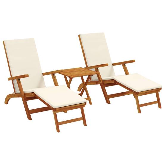 Lot de 2 transats avec table bois acacia massif jardin dossier inclinable crème blanc - ComfortXL Outdoor Living - Image 2