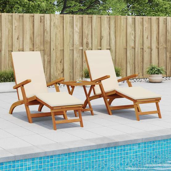 Lot de 2 transats avec table bois acacia massif jardin dossier inclinable crème blanc - ComfortXL Outdoor Living - Image 1