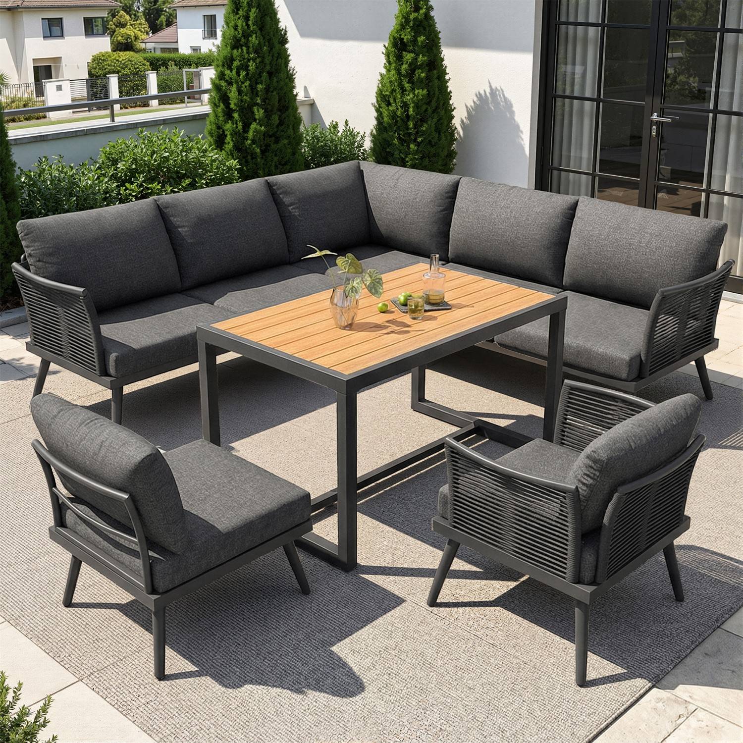 KOMHTOM - Canapé de jardin en L à sept places avec accoudoirs tressés, résistant aux intempéries, structure en fer, avec coussins et oreillers, gris