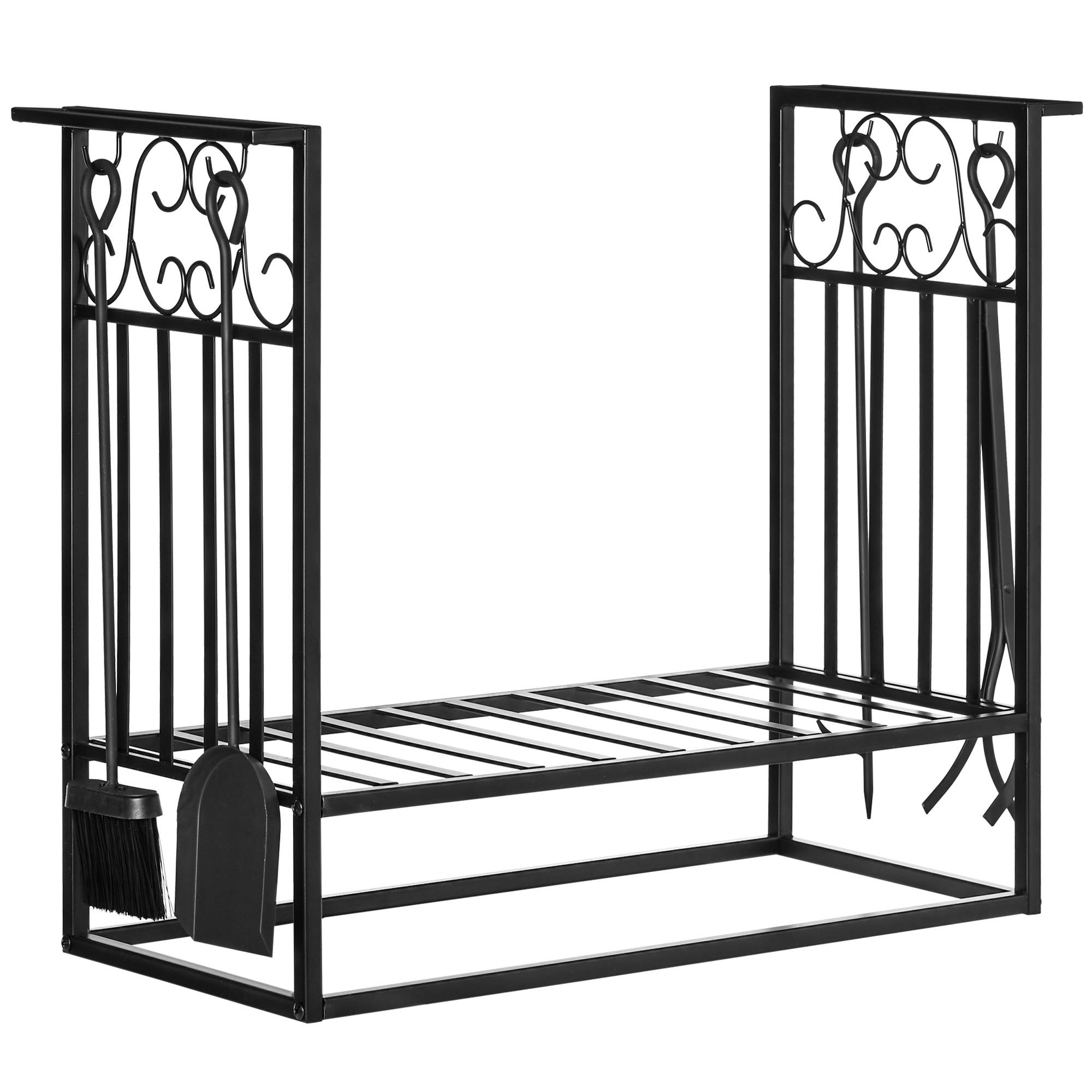 ComfortXL - Porte-bûches avec serviteur acier noir 75 x 30 x 60 cm pour cheminée intérieur extérieur charge 100 kg - Image 10