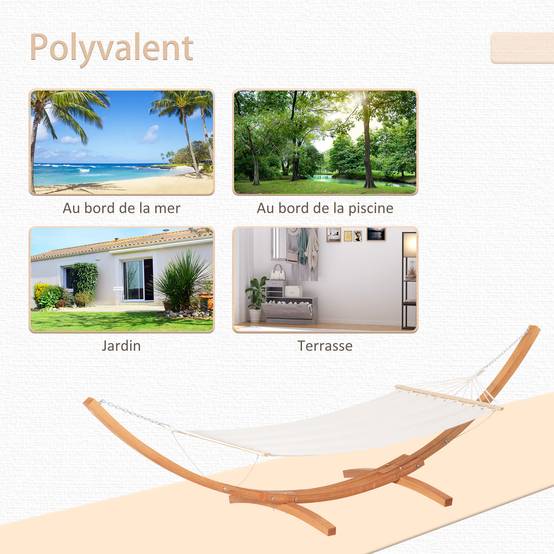 Hamac avec support bois coton crème marron 392 x 120 x 102 cm - PANGIVO - Image 9