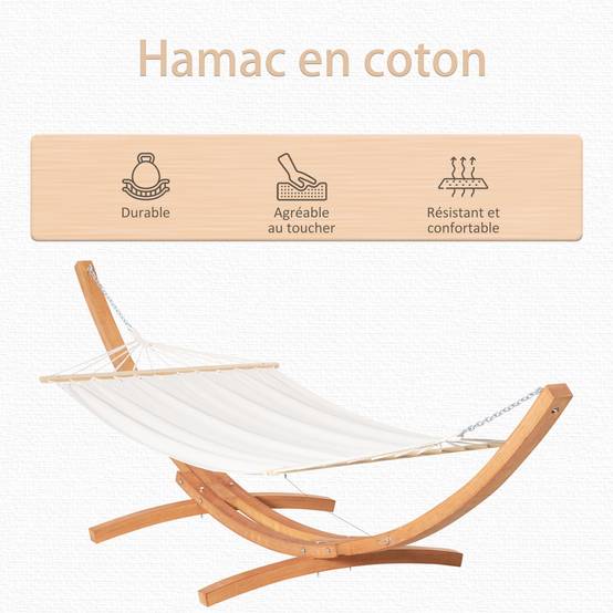 Hamac avec support bois coton crème marron 392 x 120 x 102 cm - PANGIVO - Image 6
