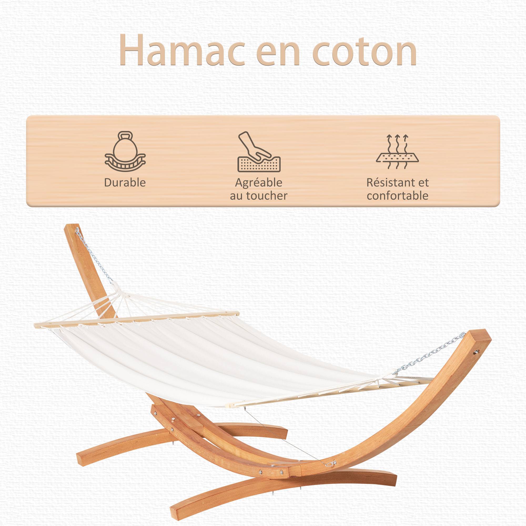 Hamac avec support bois coton crème marron 392 x 120 x 102 cm - PANGIVO - Image 6