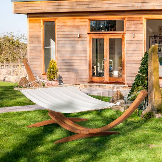 Hamac avec support bois coton crème marron 392 x 120 x 102 cm - PANGIVO - Image 3