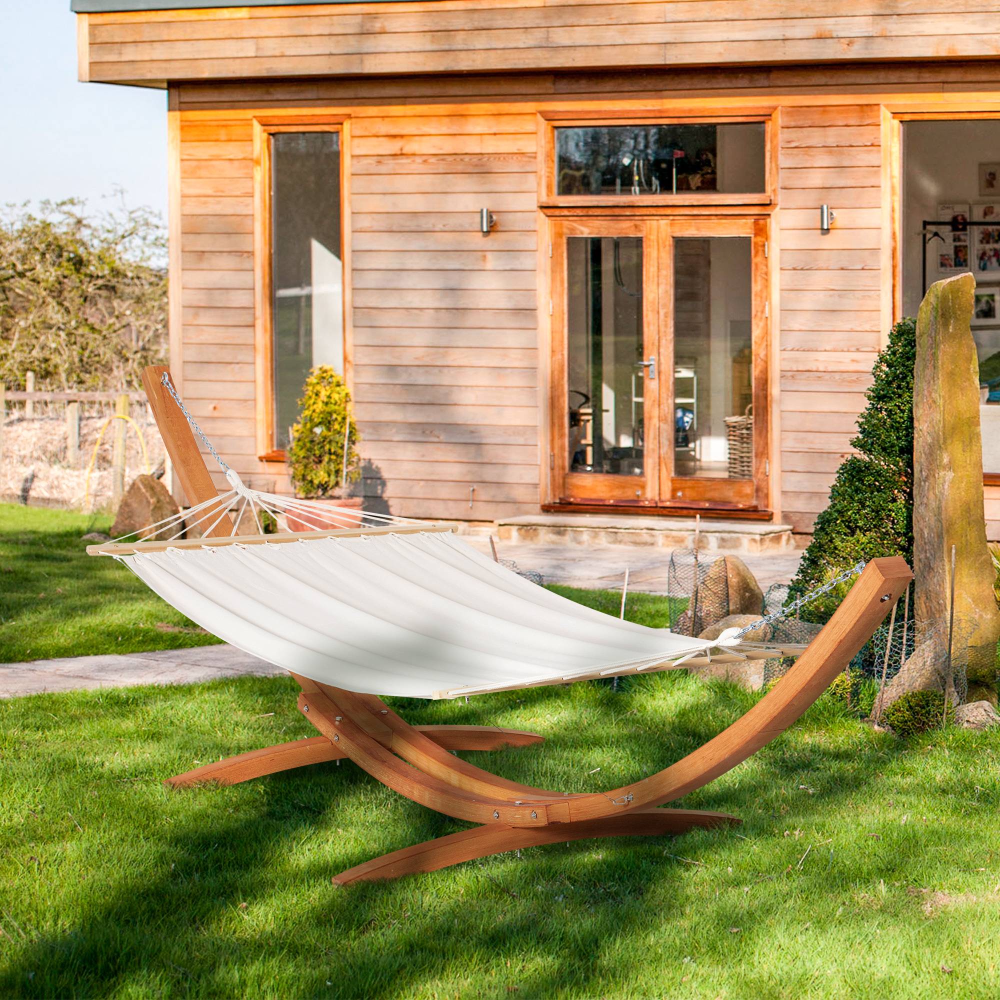 Hamac avec support bois coton crème marron 392 x 120 x 102 cm - PANGIVO - Image 3