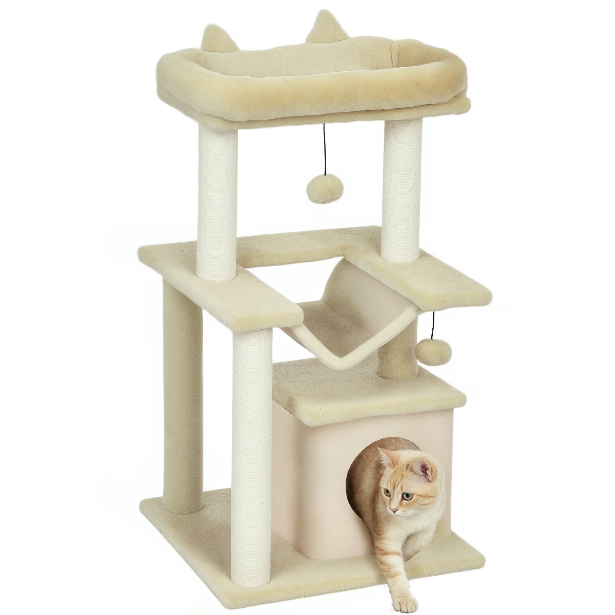 Sans Marque - Arbre à chat PawHut griffoir jouets perchoir hamac 48 x 48 x 90 cm crème - Image 1