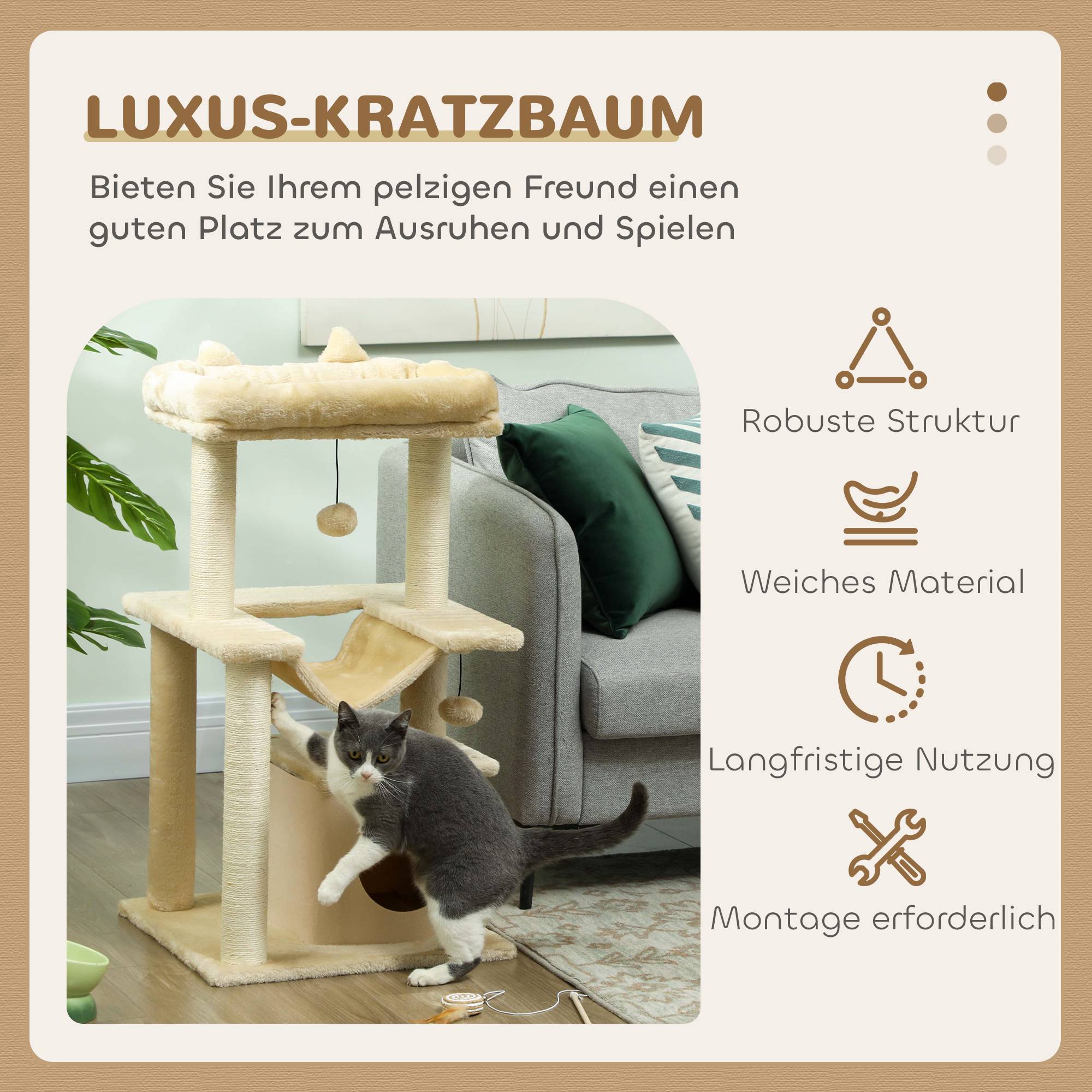 Sans Marque - Arbre à chat PawHut griffoir jouets perchoir hamac 48 x 48 x 90 cm crème - Image 6