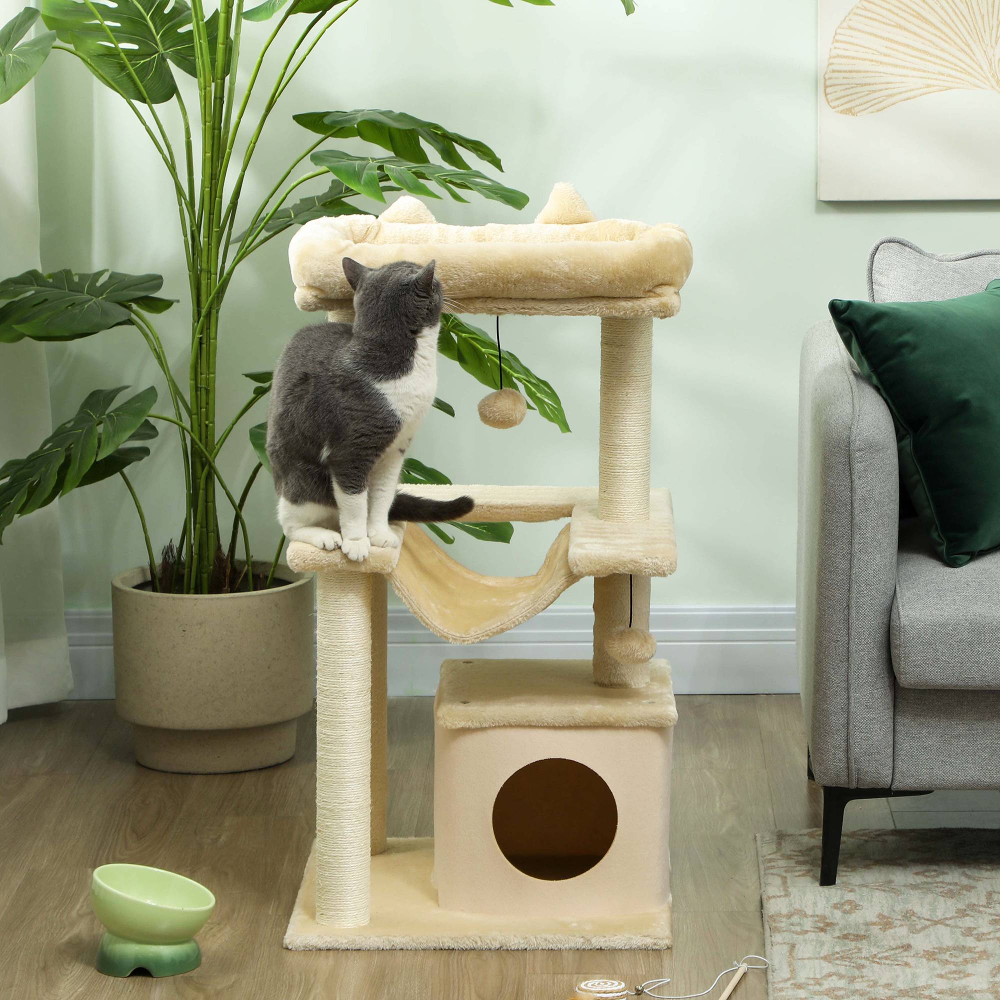 Sans Marque - Arbre à chat PawHut griffoir jouets perchoir hamac 48 x 48 x 90 cm crème - Image 10