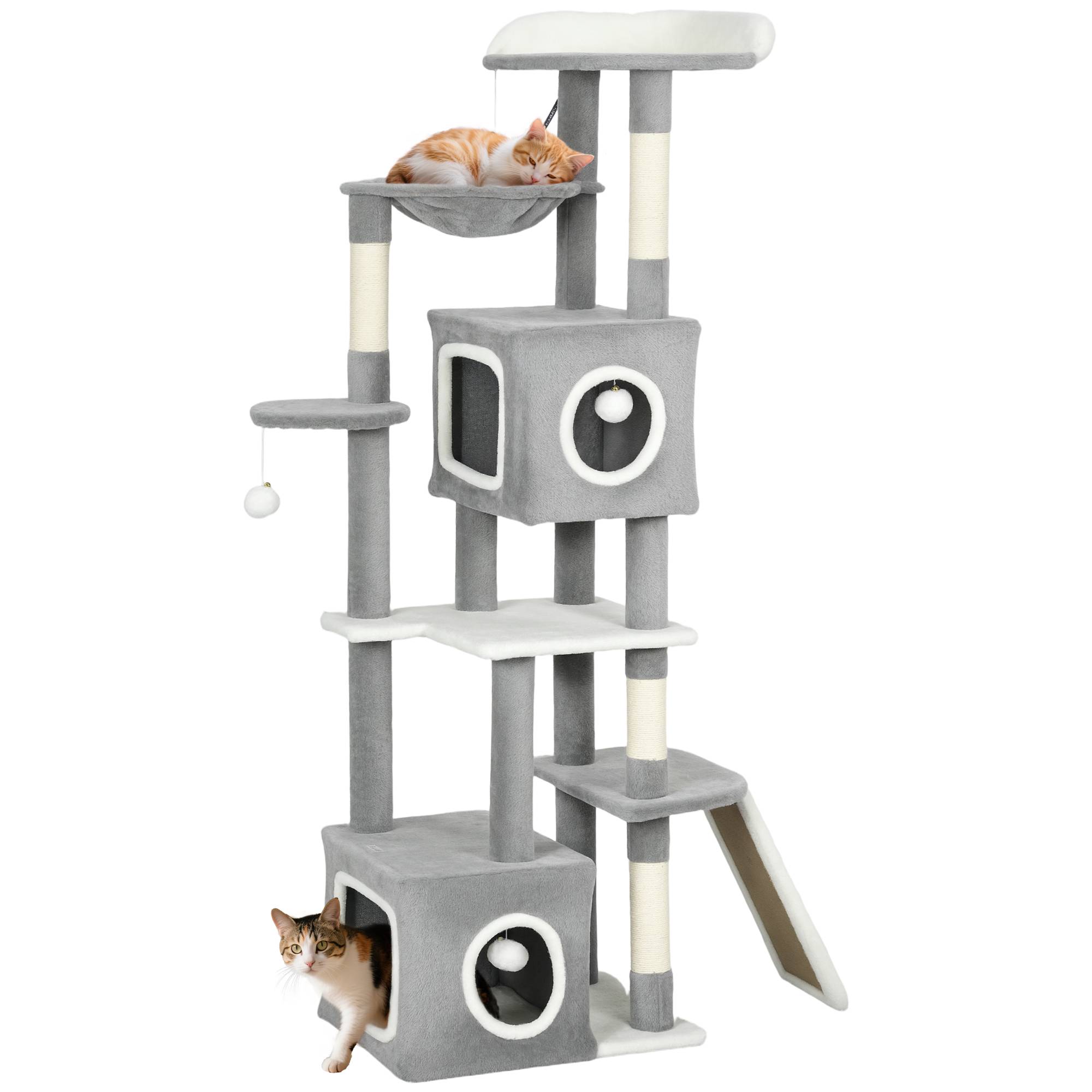 Arbre à chat avec 2 niches, rampe, perchoirs et 4 balles, 48 x 40 x 165 cm, gris et blanc - Image 1