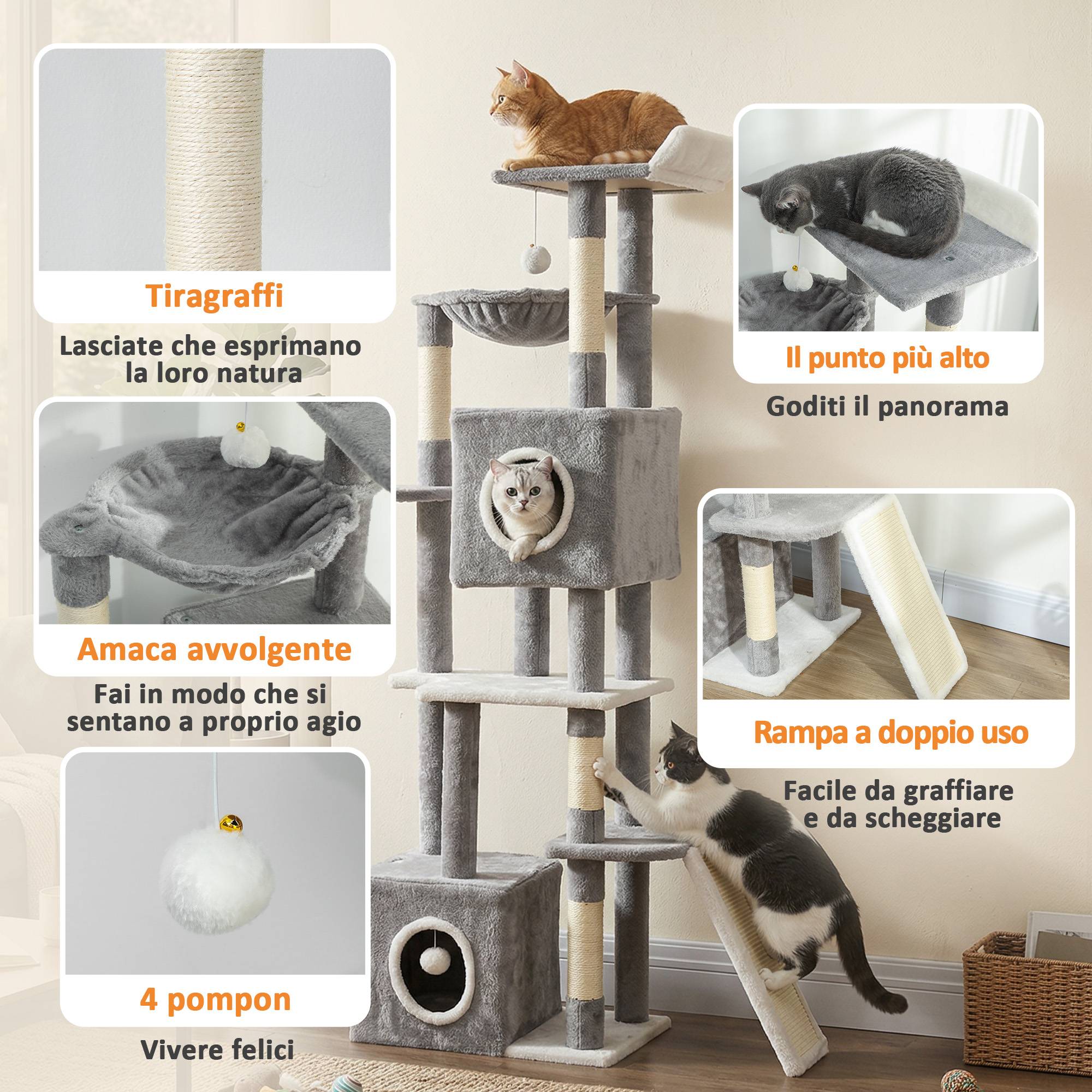 Arbre à chat avec 2 niches, rampe, perchoirs et 4 balles, 48 x 40 x 165 cm, gris et blanc - Image 8