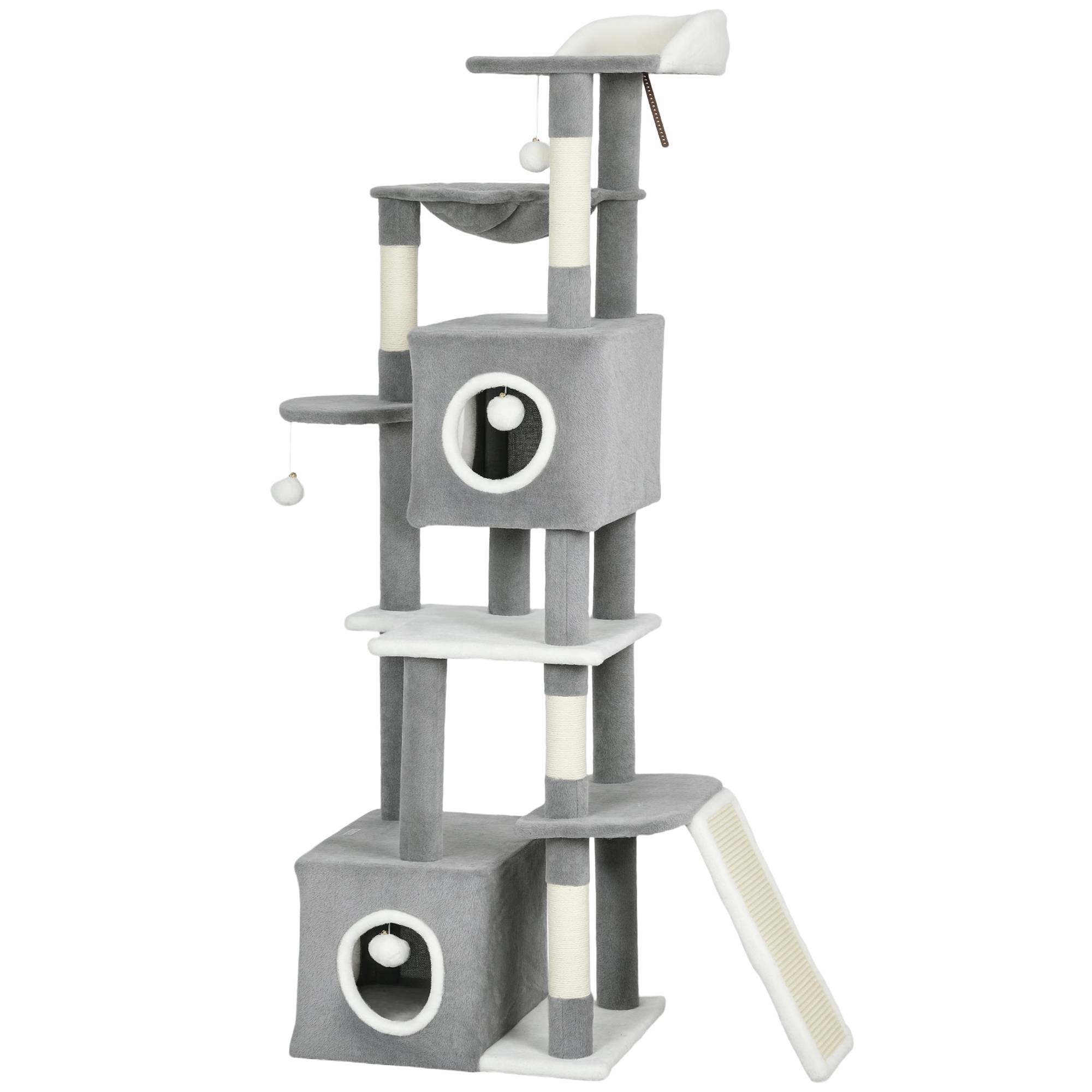 Arbre à chat avec 2 niches, rampe, perchoirs et 4 balles, 48 x 40 x 165 cm, gris et blanc - Image 2