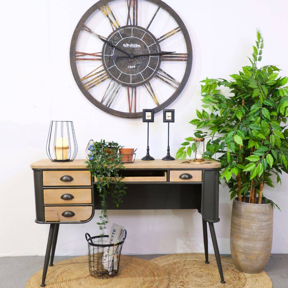 ~ Grande horloge murale décorative vintage salon métal marron 90cm Chemin de campagne - Imagen 2