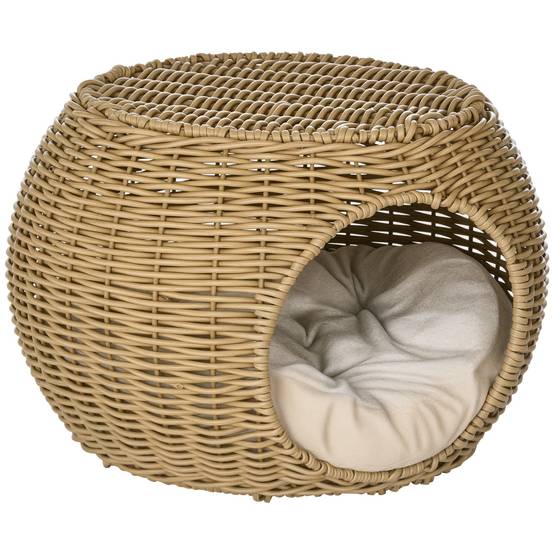 Panier pour chat en rotin à deux étages, lit pour chat avec coussin et porte avant, pour chat de moins de 3,5 kg, Ø40 x 30 cm - Image 1
