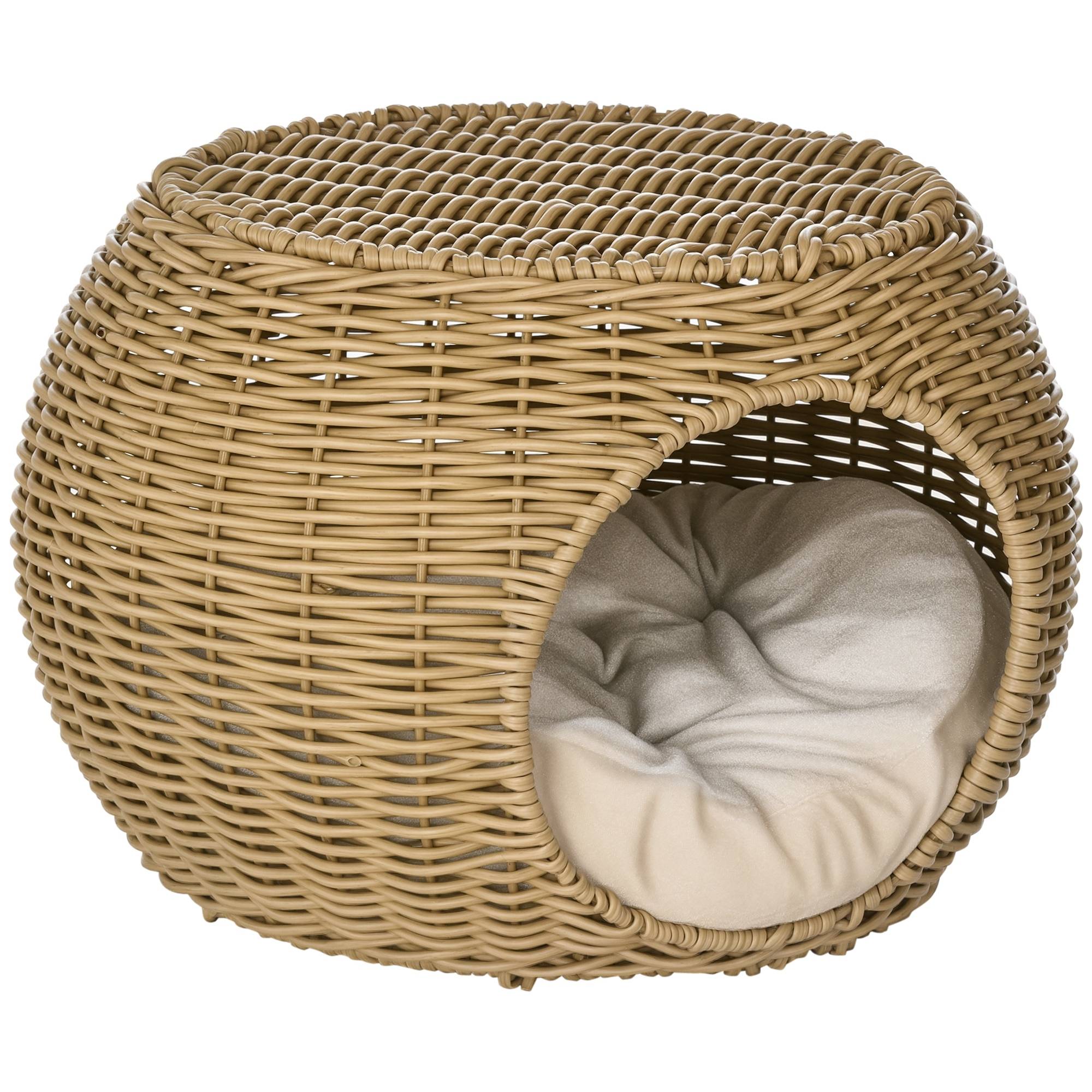 Panier pour chat en rotin à deux étages, lit pour chat avec coussin et porte avant, pour chat de moins de 3,5 kg, Ø40 x 30 cm - Image 1