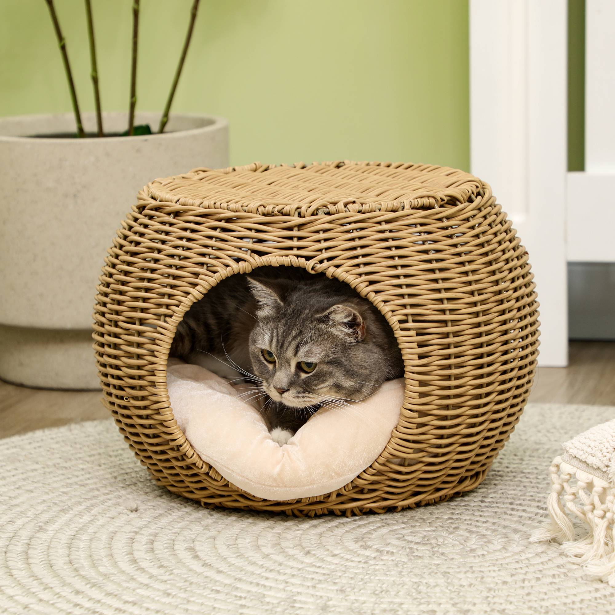 Panier pour chat en rotin à deux étages, lit pour chat avec coussin et porte avant, pour chat de moins de 3,5 kg, Ø40 x 30 cm - Image 4