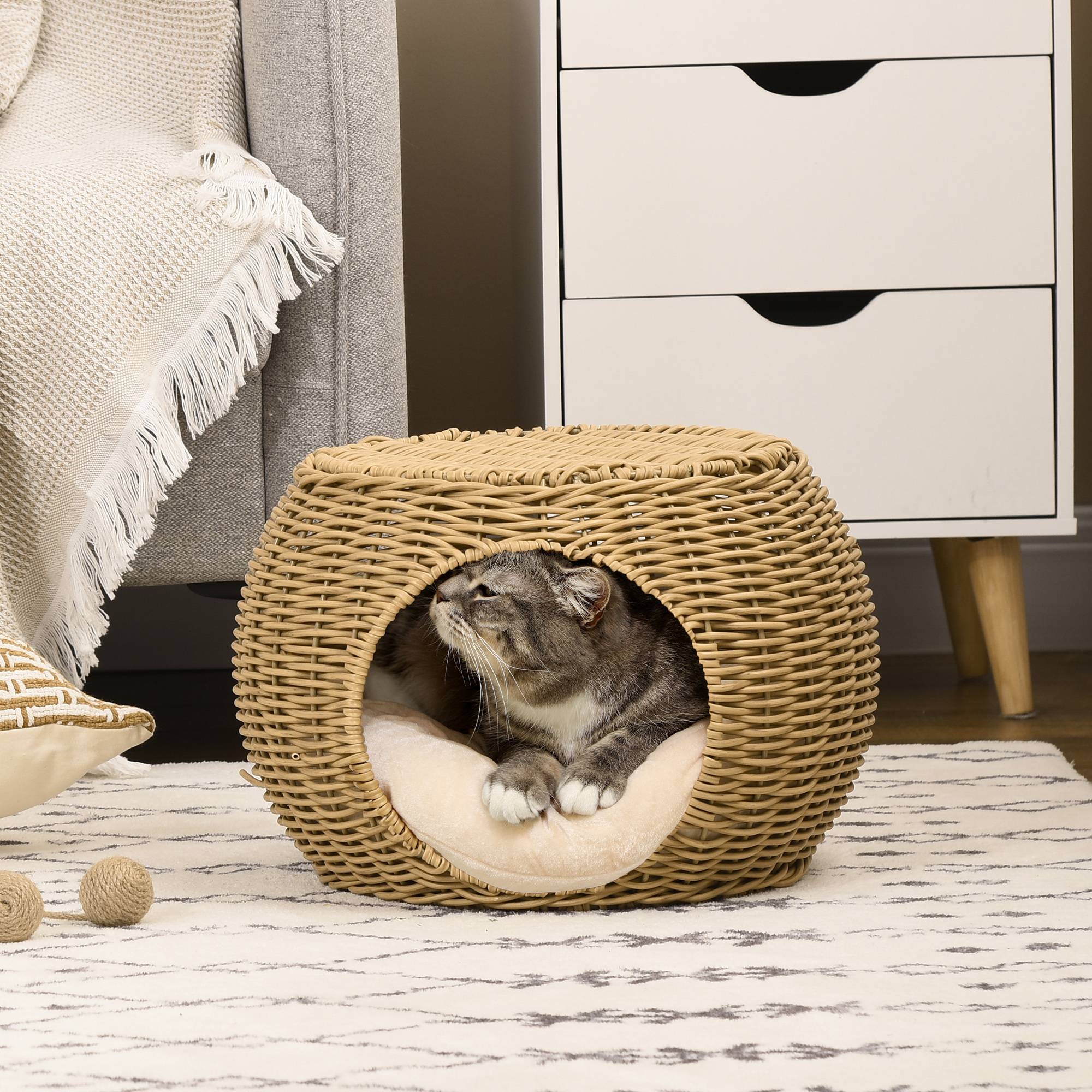 Panier pour chat en rotin à deux étages, lit pour chat avec coussin et porte avant, pour chat de moins de 3,5 kg, Ø40 x 30 cm - Image 3