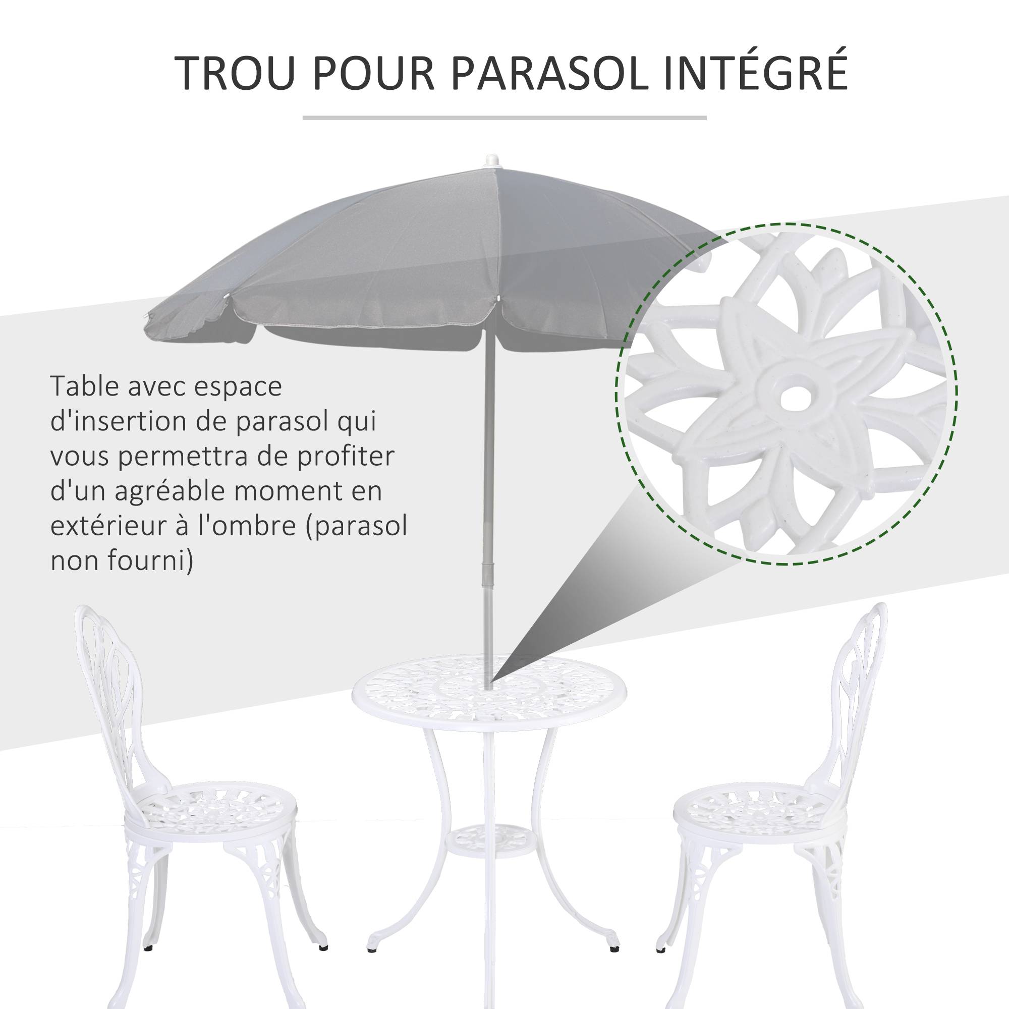 Outsunny - Ensemble salon de jardin 2 places 2 chaises + table ronde fonte d'aluminium imitation fer forgé blanc - Outsunny - Imagen 7
