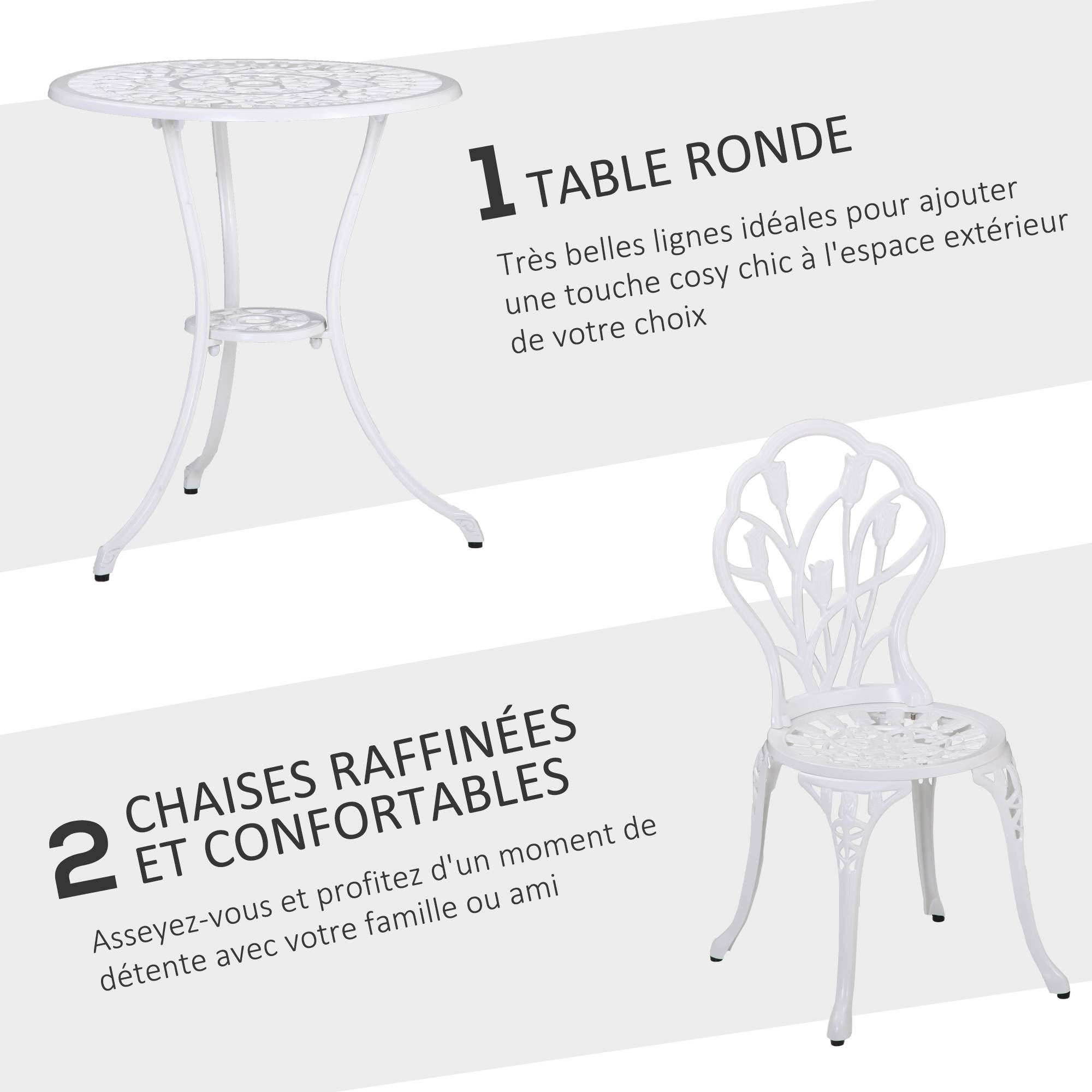 Outsunny - Ensemble salon de jardin 2 places 2 chaises + table ronde fonte d'aluminium imitation fer forgé blanc - Outsunny - Imagen 5