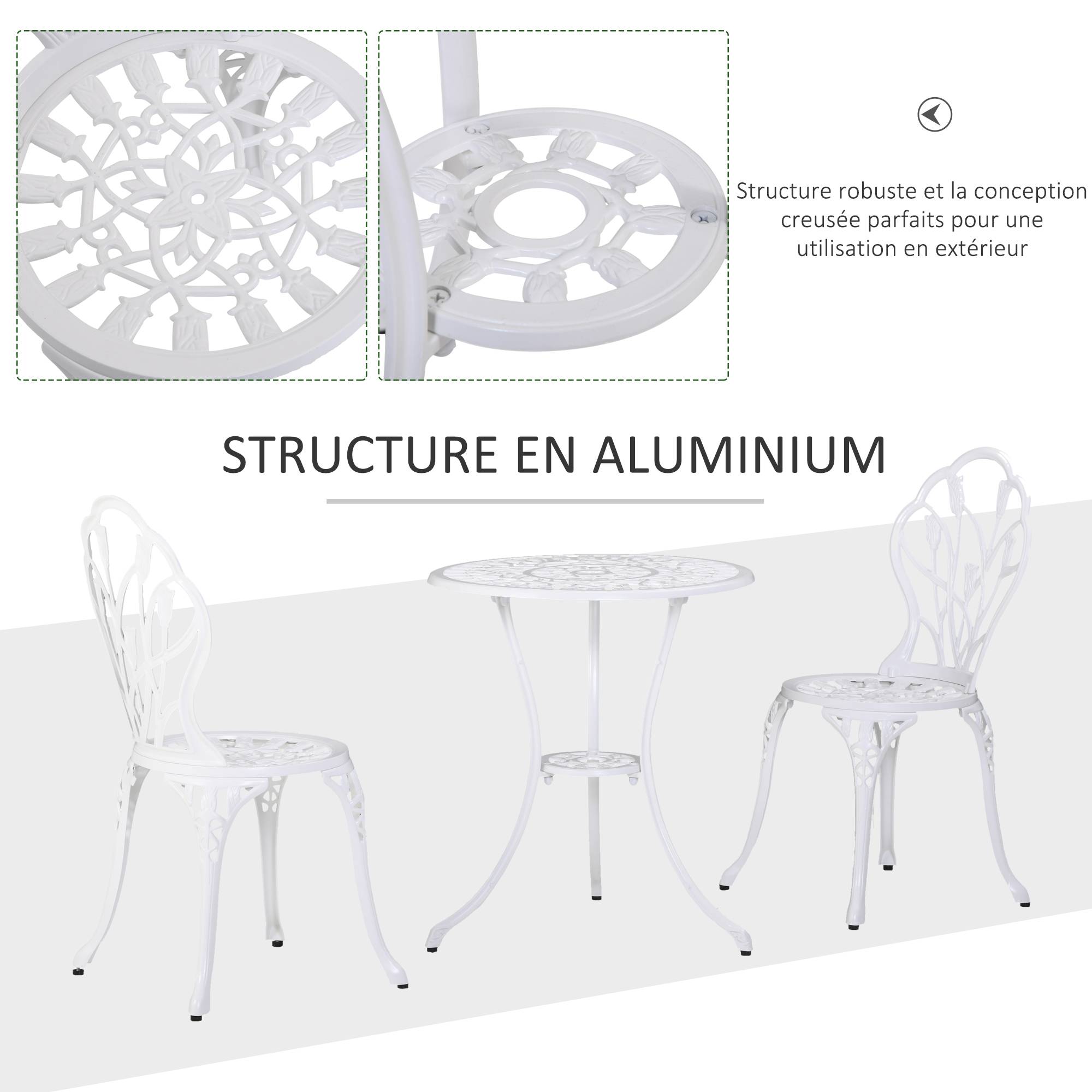 Outsunny - Ensemble salon de jardin 2 places 2 chaises + table ronde fonte d'aluminium imitation fer forgé blanc - Outsunny - Imagen 6