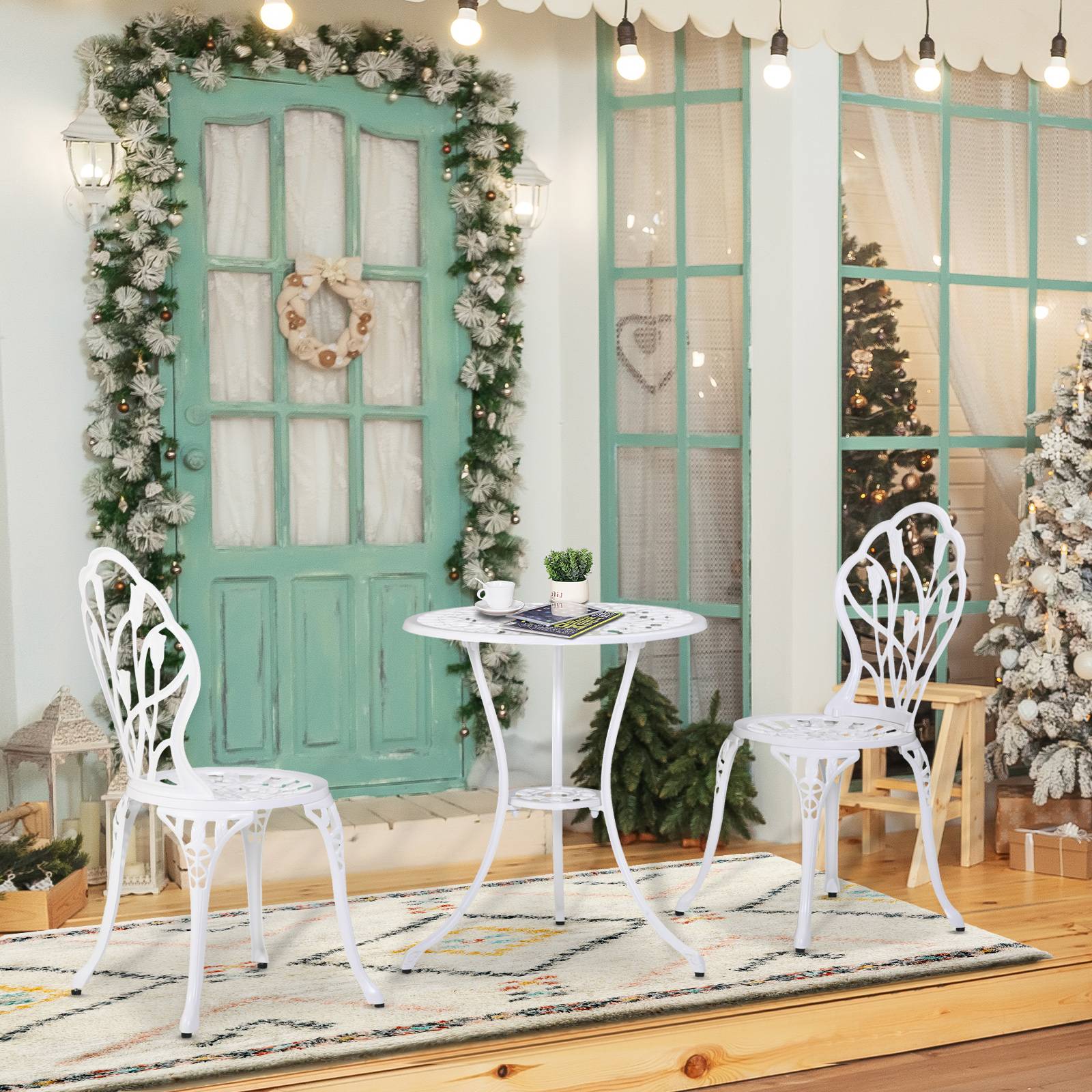 Outsunny - Ensemble salon de jardin 2 places 2 chaises + table ronde fonte d'aluminium imitation fer forgé blanc - Outsunny - Imagen 2