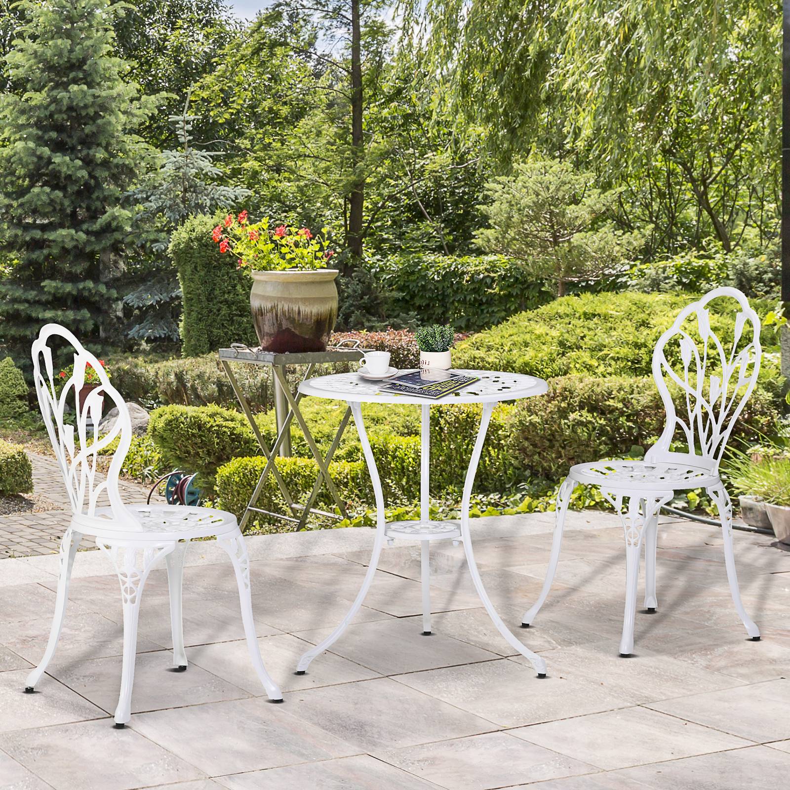 Outsunny - Ensemble salon de jardin 2 places 2 chaises + table ronde fonte d'aluminium imitation fer forgé blanc - Outsunny - Imagen 4