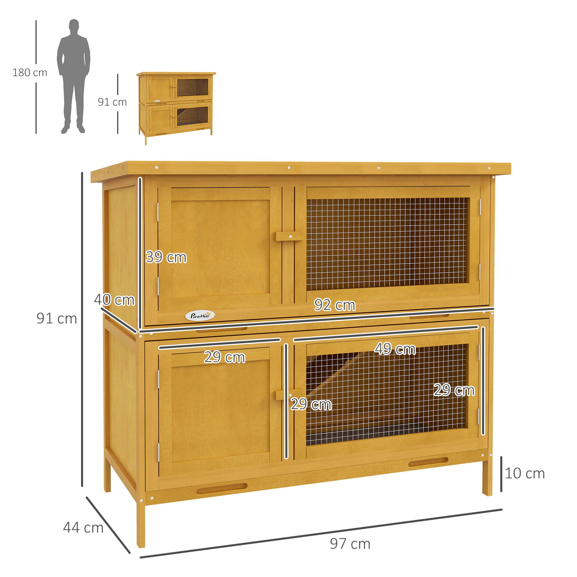 Clapier lapin rongeur 2 niveaux bois extérieur toit bitumé jaune 97x44x91cm - ComfortXL Outdoor Living - Image 5