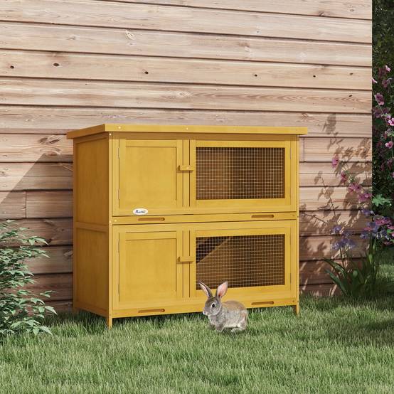 Clapier lapin rongeur 2 niveaux bois extérieur toit bitumé jaune 97x44x91cm - ComfortXL Outdoor Living - Image 3