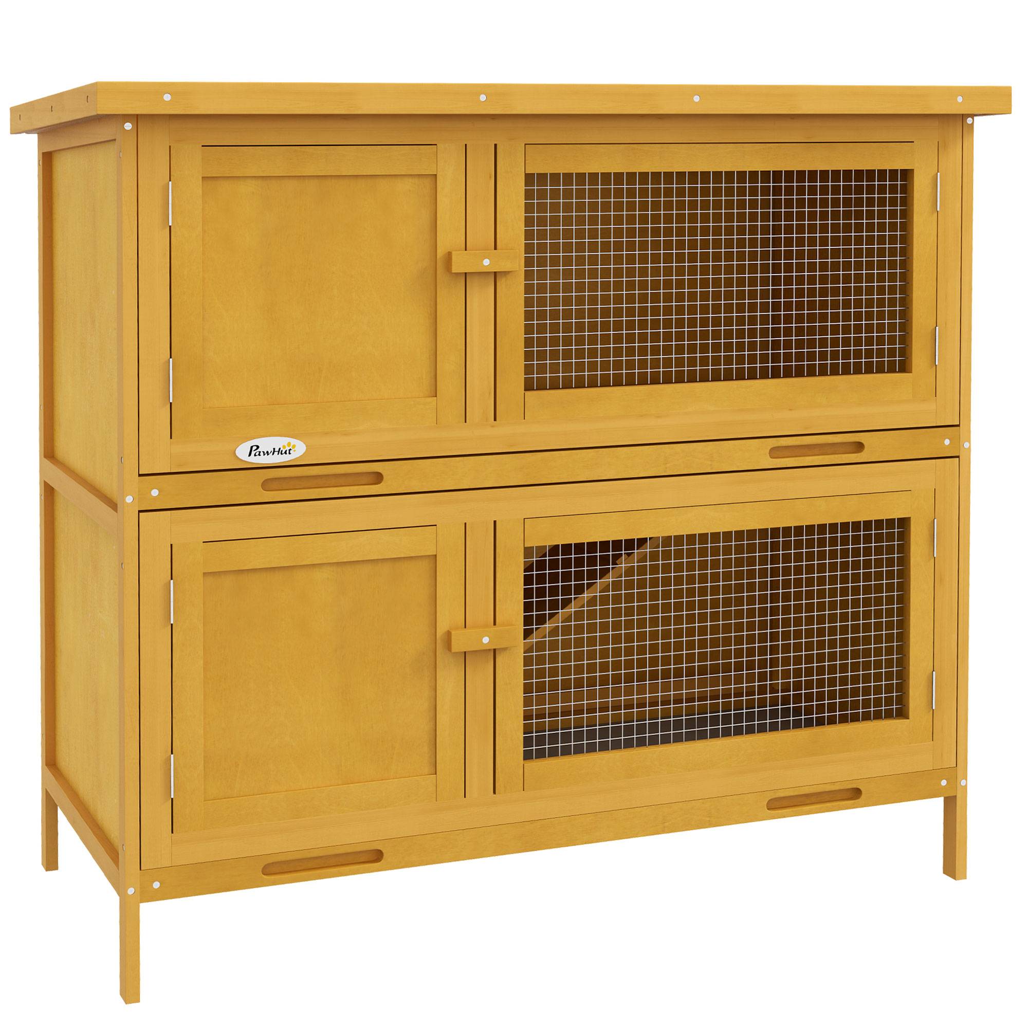Clapier lapin rongeur 2 niveaux bois extérieur toit bitumé jaune 97x44x91cm - ComfortXL Outdoor Living - Image 1