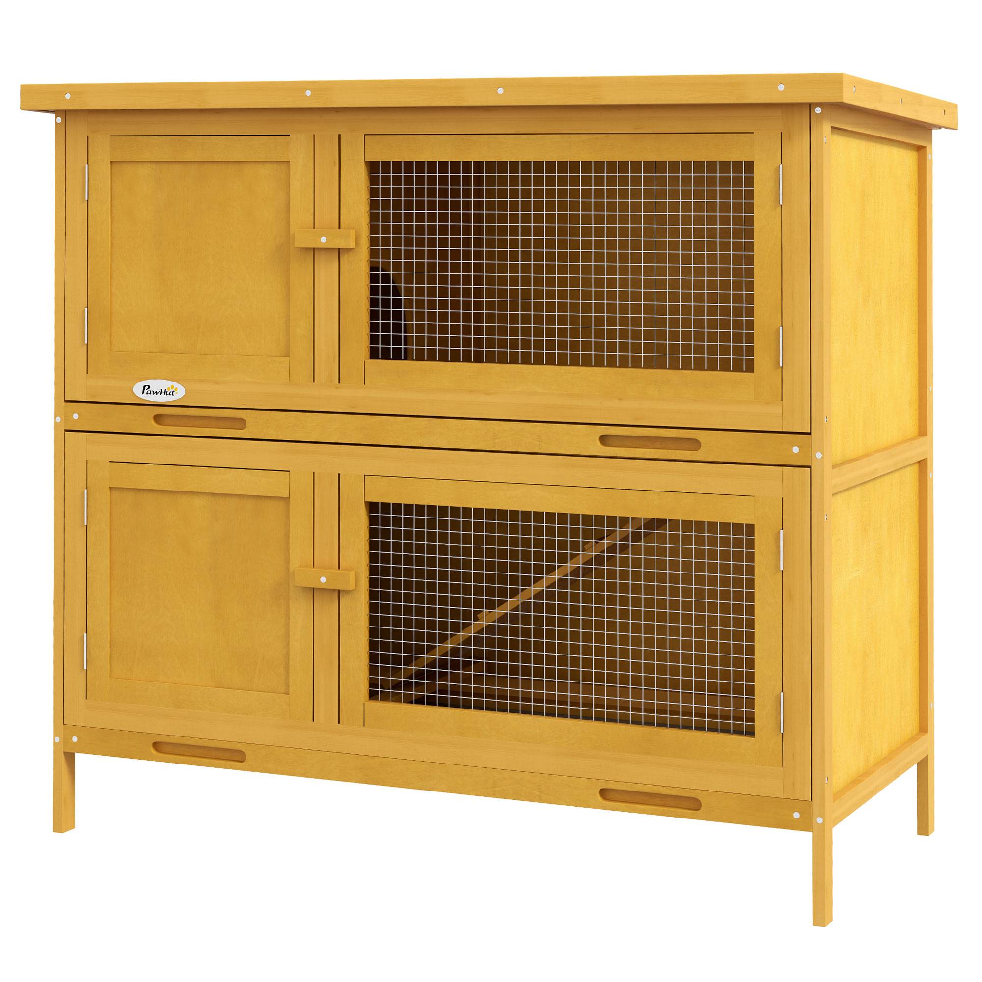 Clapier lapin rongeur 2 niveaux bois extérieur toit bitumé jaune 97x44x91cm - ComfortXL Outdoor Living - Image 2