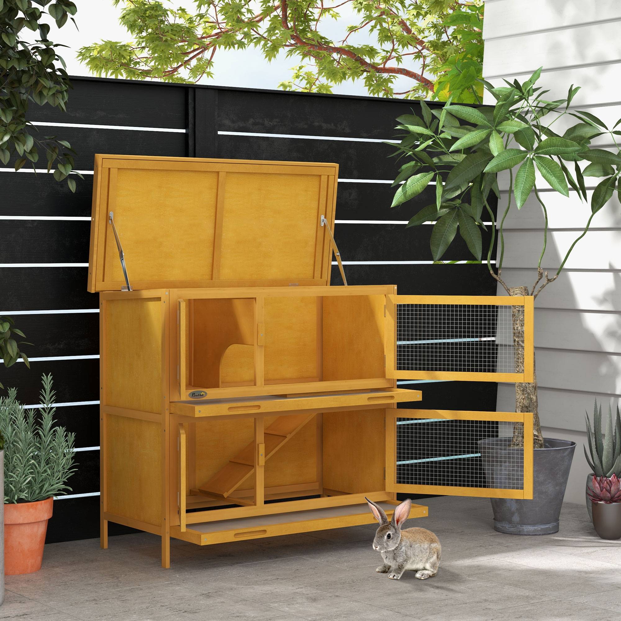 Clapier lapin rongeur 2 niveaux bois extérieur toit bitumé jaune 97x44x91cm - ComfortXL Outdoor Living - Image 4