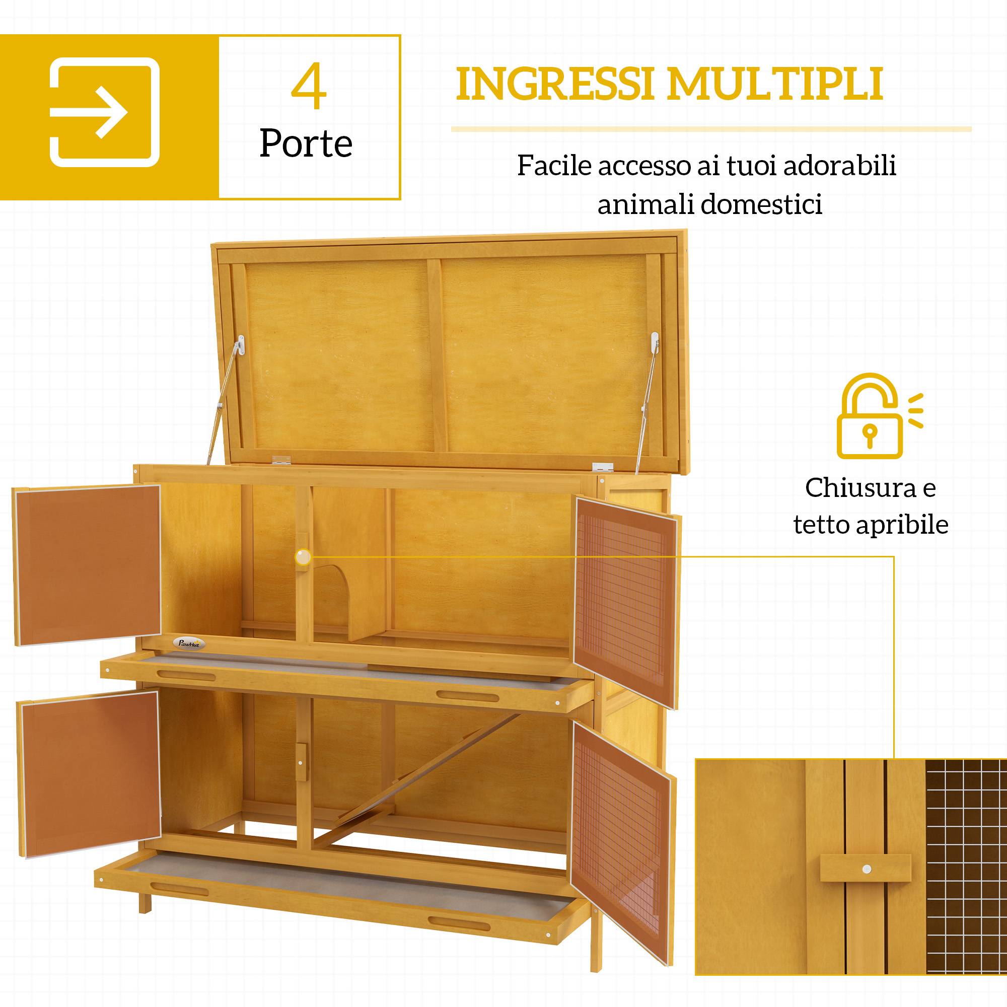 Clapier lapin rongeur 2 niveaux bois extérieur toit bitumé jaune 97x44x91cm - ComfortXL Outdoor Living - Image 6