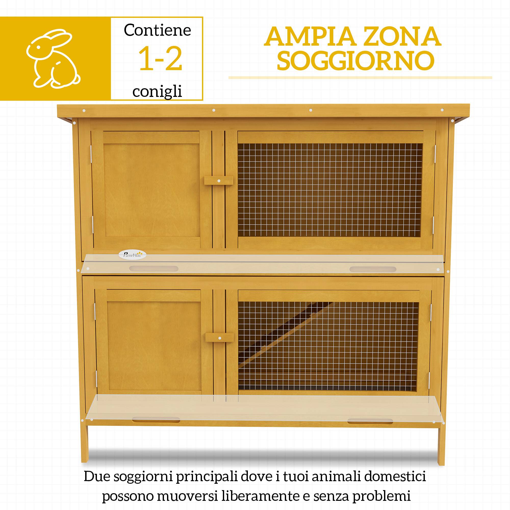 Clapier lapin rongeur 2 niveaux bois extérieur toit bitumé jaune 97x44x91cm - ComfortXL Outdoor Living - Image 7