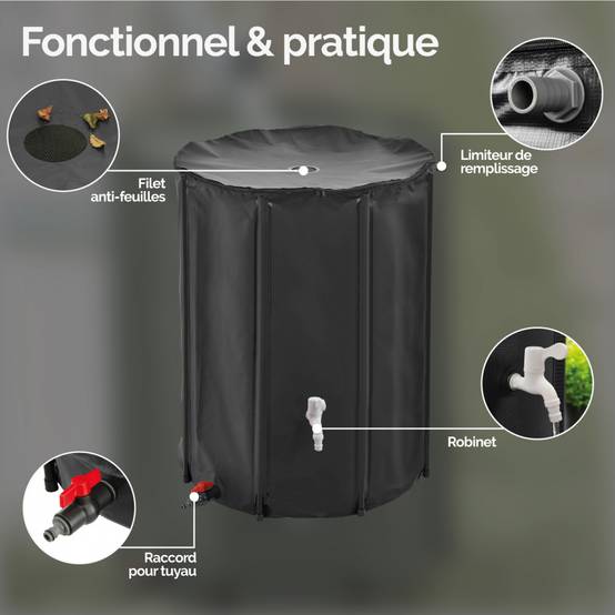 Réservoir souple, récupérateur d'eau de pluie pliable - 500 L - Noir - Linxor - Image 3